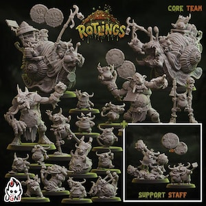 May include: A collection of grey miniature fantasy figures labeled Rotlings Core Team and Support Staff. The set includes various goblin-like creatures, some riding snails, others holding circular coins, and some carrying small tools or weapons.