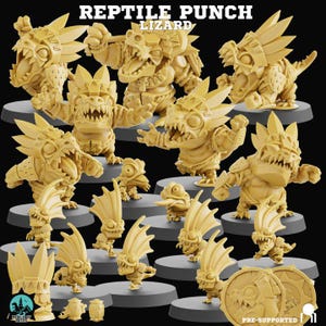 May include: A collection of yellow, unpainted miniature lizard figurines in various poses, including some with open mouths and spiked headgear. The text REPTILE PUNCH LIZARD is at the top, and PRE-SUPPORTED is at the bottom right corner.