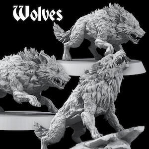 May include: Three unpainted gray miniature wolf figurines in dynamic poses, featuring detailed fur textures and bared teeth. The word Wolves is printed in white text in the upper left corner against a solid black background.