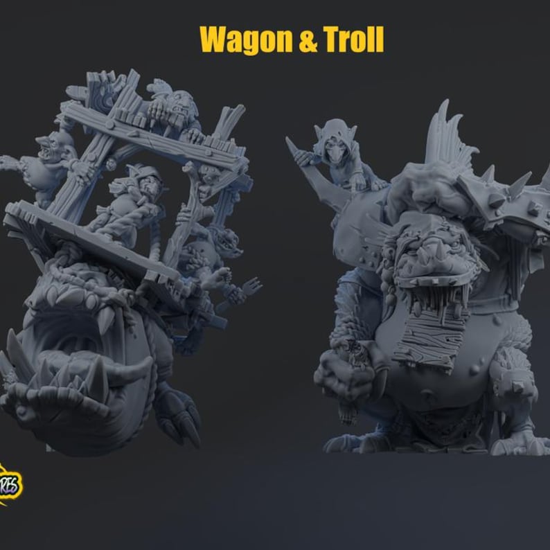 May include: A grey resin miniature set titled Wagon & Troll, featuring a wooden wagon structure pulled by a large, sharp-toothed creature with multiple small goblin-like figures, and a separate large, muscular troll figure with a hooded rider.