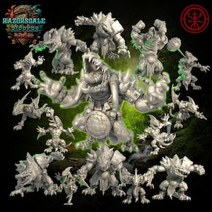 May include: A collection of grey, unpainted fantasy creature miniatures featuring reptilian features, sharp teeth, and spiked armor. The central figure is a large, open-mouthed beast with a shield. Text in the image reads Razorscale Rippers.