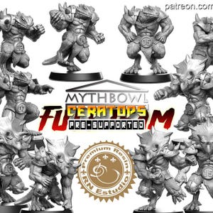 May include: A collection of grey resin miniature lizard-like figures in athletic gear, each featuring a numbered circular belt buckle. The text MYTHBOWL CERATOPS PRE-SUPPORTED and RN ESTUDIO are visible alongside the figures in this display.