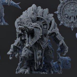 May include: A gray resin miniature figure of a reptilian creature with an open mouth, wearing an elaborate feathered headdress and ornate armor with skull details. The figure stands in a dynamic pose with a large circular emblem visible in the background.