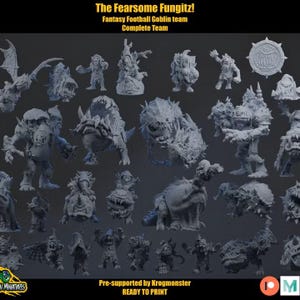 May include: A collection of grey, unpainted miniature goblin figures for a fantasy football team titled The Fearsome Fungitz. The set includes various goblin characters, some mounted on creatures, and a circular shield with a toothy mouth design.