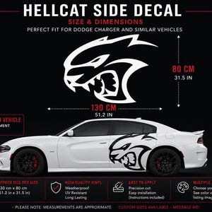 Kit di adesivi laterali Hellcat / Grafica in vinile per Dodge Charger / Adesivo per portiera di muscle car (130 x 80 cm)