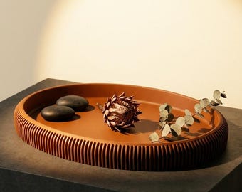 Lago Oval Tray, Modern Ribbed Catchall, Brown Desk Organizer
