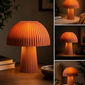 May include: A mushroom-shaped table lamp with a ribbed, terracotta-colored exterior. The lamp features a wide, domed shade and a cylindrical base, both displaying vertical grooves. When illuminated, it emits a warm, soft orange glow.