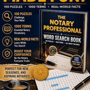 Könnte beinhalten: Ein Buch mit dem Titel The Notary Professional Word Search Book mit 100 Rätseln und 1000 Begriffen. Das Bild enthält eine schwarze Tasse mit Notary Life Text, ein goldenes Notarsiegel, einen schwarzen Stift, ein Notartagebuch und eine Suchwortseite.