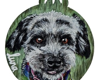 Personalised Pet Portrait, Hand Painted Dog/Cat Wooden Tree Ornament