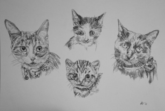 鉛筆画 猫モノクロ絵 絵 リトグラフ ねこ Cat モノトーン イラスト