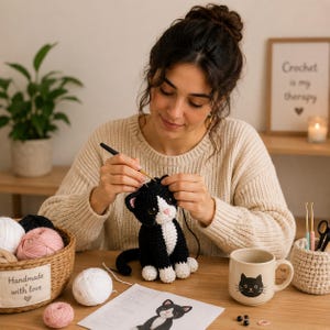 Könnte beinhalten: Eine Frau häkelt ein schwarz-weißes Katzen-Amigurumi. Die Katze hat rosa Akzente an den Ohren und eine weiße Brust. Eine Tasse mit einem schwarzen Katzenkopf, Garn und ein gerahmtes Schild mit der Aufschrift "Crochet is my therapy" sind ebenfalls zu sehen.