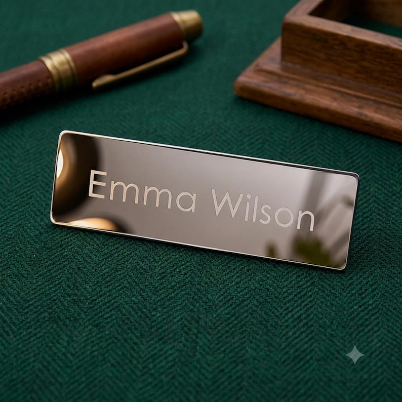 May include: A rectangular, polished silver-toned metal nameplate featuring the engraved name Emma Wilson in a clean, sans-serif font. The surface is highly reflective, showing subtle light highlights across its smooth, metallic finish.