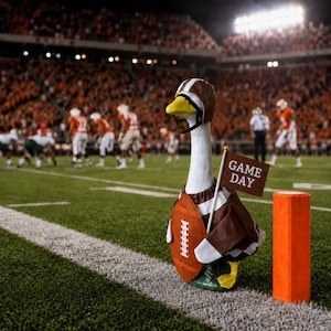 May include: A white goose figurine wearing a brown and white football helmet and a brown and white jersey with a football graphic on the chest. The goose holds a small brown flag with the white text GAME DAY, standing next to an orange pylon.