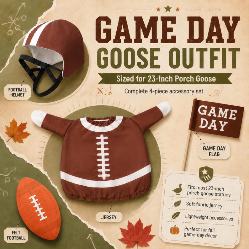 May include: A 4-piece football-themed outfit for a 23-inch porch goose, including a brown helmet with white stripes, a brown jersey with white laces, a felt football, and a brown flag with the text GAME DAY. The set features soft fabric.