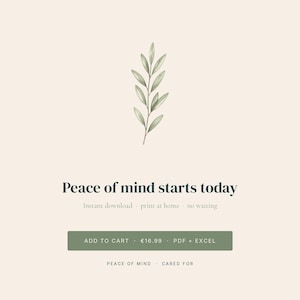 Puede incluir: Gráfico de descarga digital con una ilustración de acuarela de una ramita verde con hojas. El texto "Peace of mind starts today" se muestra en verde oscuro, junto con "Descarga instantánea - imprime en casa - sin esperas".