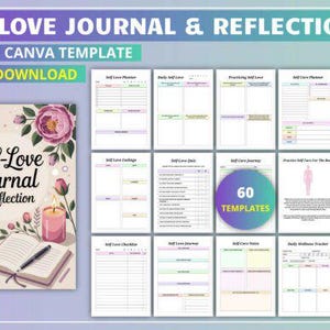May include: A digital self-love journal and reflection template with a floral design. The cover features a cup of coffee, a candle, and an open journal. The template includes 60 pages for self-care and reflection.