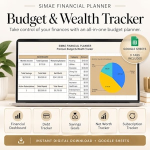 Könnte beinhalten: Ein Laptop-Bildschirm mit dem Simae Financial Planner Budget & Wealth Tracker, der ein Dashboard mit Tabellen für Einnahmen, Ausgaben und Vermögenswerte, ein Tortendiagramm sowie fünf Symbole für Finanz-Tracking-Tools in Google Sheets zeigt.