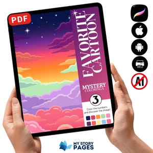Op de afbeelding: Een tablet met een digitaal kleurboek getiteld "FAVORITE CARTOON MYSTERY COLORINGS 3". De omslag toont een kleurrijke zonsondergangscène. De tablet wordt met twee handen vastgehouden, met app-pictogrammen aan de rechterkant.