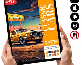 Libro para colorear misterioso de coches clásicos de alto rendimiento / Colorea coches antiguos por números (Descarga en PDF)