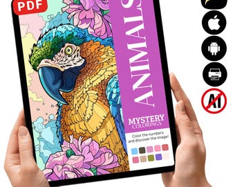 Libro para colorear de misterio de animales / Páginas para colorear por números de loros tropicales (Descarga en PDF)