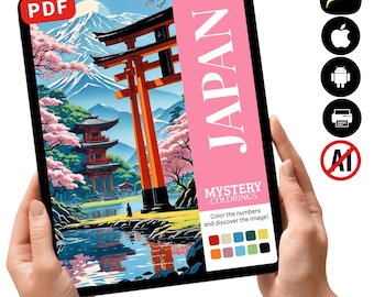 Libro para colorear misterioso de Japón / Paisajes japoneses, cerezos en flor, monte Fuji (descarga en PDF)