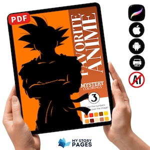 Puede incluir: Una tableta digital que muestra la portada de un libro de colorear en PDF titulada FAVORITE ANIME MYSTERY COLORINGS 3. La portada presenta una silueta negra de un personaje con cabello puntiagudo sobre un fondo naranja y una paleta.