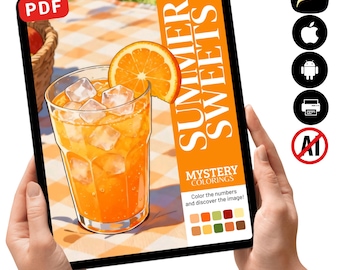 Libro para colorear misterioso "Dulces de verano" / Bebida de naranja, escenas acogedoras (Descarga en PDF)