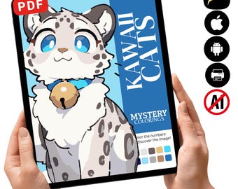 Libro para colorear misterioso de gatos kawaii / Páginas para colorear de gatos anime por números (Descarga en PDF)