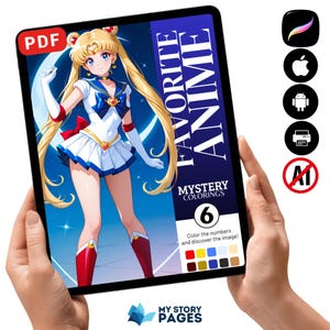 Puede incluir: Un libro de colorear digital en PDF titulado Favorite Anime Mystery Colorings 6, que muestra un personaje de anime rubio con un uniforme de marinero blanco y azul con detalles rojos. La página incluye una paleta de colores y el texto Color the numbers and discover the image! Los iconos de Procreate, Apple, Android y de impresión se muestran en el lado derecho.