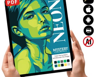 Libro para colorear Neon Mystery / Páginas para colorear retratos modernos por números / Descarga digital en PDF imprimible