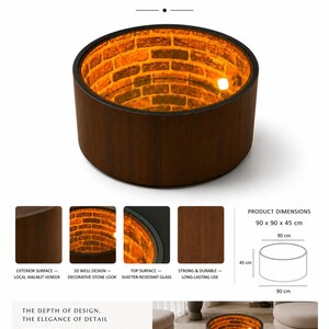 Woodwell 3D Coffee Table: Walnut Veneer, Stone-Look Finish, Shatter-Resistant Glass