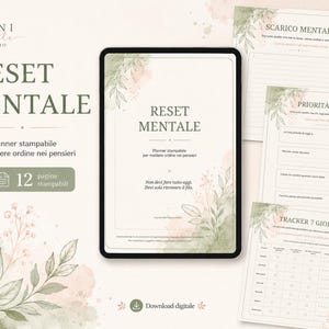 Può includere: Planner digitale stampabile con il testo "RESET MENTALE". Il planner include 12 pagine con accenti floreali e suggerimenti per l'organizzazione mentale. Il design presenta elementi acquerellati verdi e rosa.
