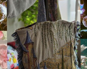 Fairytale Tote Blue, Handmade Canvas Tote, Whimsical Bookish Bag
