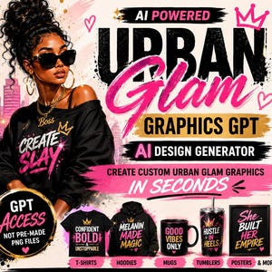Generatore di design Urban Glam AI / Clip art di ragazze nere e grafica POD GPT / Idee di design per bicchieri, magliette, tazze e adesivi