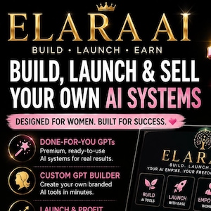 Könnte beinhalten: Werbebild für Elara AI mit Laptop, Notizbuch und Buch. Der Text hebt den Aufbau, die Einführung und den Verkauf von KI-Systemen hervor. Das Bild enthält den Text "1000+ AI Tools" und "Designed for Women. Built for Success."