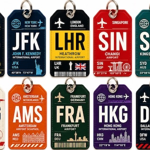 May include: A collection of ten rectangular luggage tags featuring various airport codes and city names including DXB, JFK, LHR, SIN, SYD, CDG, AMS, FRA, HKG, and DFW. Each tag displays a unique color, an airplane icon, and specific location details.