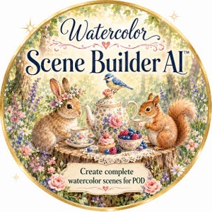 May include: A circular graphic featuring the text Watercolor Scene Builder AI and Create complete watercolor scenes for POD. The image depicts a rabbit with a flower crown, a blue bird, and a squirrel having tea on a tree stump with a teapot.