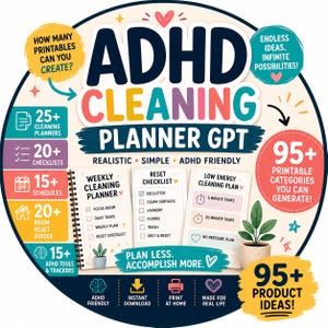 Peut inclure: Un graphique circulaire pour un ADHD Cleaning Planner GPT avec le texte ADHD CLEANING PLANNER GPT, REALISTIC SIMPLE ADHD FRIENDLY, et PLAN LESS. ACCOMPLISH MORE. Il inclut des listes de 25+ planificateurs, 20+ listes de contrôle, 15+ horaires, 20+ guides de réinitialisation de pièce, 15+ outils ADHD et 95+ catégories imprimables.