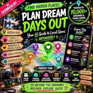 May include: A promotional image for a travel planning app. The image features a map with location markers, a smartphone displaying curated local gems, and icons for various travel interests. Text includes "Plan Dream Days Out" and "Find Hidden Places."