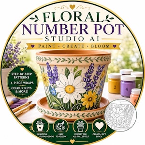 Puede incluir: Una maceta de terracota con un diseño floral de pintar por números que muestra margaritas y lavanda. La maceta incluye un plato a juego, secciones numeradas para pintar y botes de pintura. El texto dice Floral Number Pot.