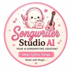 May include: A circular logo featuring a cute white character with pink headphones, holding a pink pen and notebook. Beside it is a small pink guitar. The text reads: Songwriter Studio AI, YOUR AI SONGWRITING ASSISTANT, Ideas. Lyrics. Songs. Made with Magic.