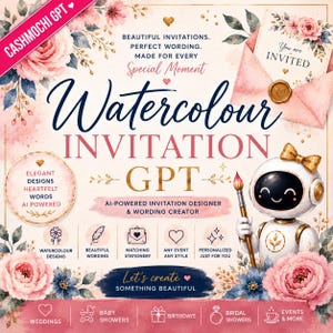 May include: A digital graphic featuring a white robot holding a paintbrush, surrounded by pink and blue watercolor flowers. Text includes "Watercolour INVITATION GPT," "BEAUTIFUL INVITATIONS," "PERFECT WORDING," and "Let's create SOMETHING BEAUTIFUL."