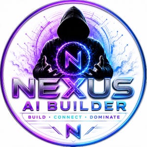 Pode incluir: Um logótipo circular com uma figura encapuzada em silhueta com mãos brilhantes a rodear uma letra N central. O texto NEXUS AI BUILDER é apresentado em letras metálicas a negrito, com as palavras BUILD CONNECT DOMINATE por baixo.