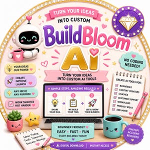 Puede incluir: Un gráfico circular con el texto BuildBloom Ai, un robot blanco, un portátil que muestra un proceso de tres pasos, un bloc de notas con una lista, una taza turquesa, una maceta rosa y una figura de estrella. Incluye corazones rosas y detalles dorados.