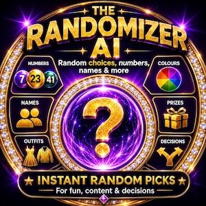 May include: A circular digital graphic titled THE RANDOMIZER AI with a gold border and diamond accents. It features a central question mark, icons for numbers, colors, names, prizes, outfits, and decisions, with the text INSTANT RANDOM PICKS.