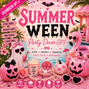 May include: A vibrant pink and black graphic with the text "SUMMER WEEN" and "Party Decor GPT." The image features a flamingo, pumpkins, a ghost, and other spooky and tropical themed party decorations. The words "CUTE, SPOOKY, TROPICAL" are also present.