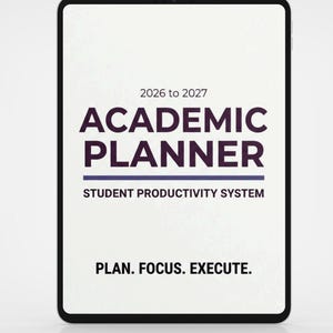 May include: A digital tablet displaying a student academic planner for 2026 to 2027. The screen features the text STUDENT ACADEMIC PLANNER, 2026 to 2027, ACADEMIC PLANNER, STUDENT PRODUCTIVITY SYSTEM, and the phrase PLAN. FOCUS. EXECUTE. in black and purple.