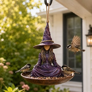 Witch Bird Feeder Resin Hanging Garden Decor, Cottagecore Fairy Garden Sculpture, Whimsical Outdoor Bird Feeder Ornament, Patio Decor image 4
