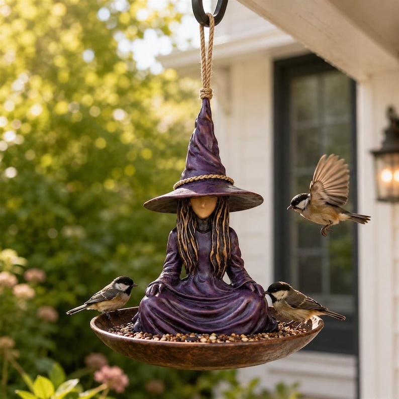 Witch Bird Feeder Resin Hanging Garden Decor, Cottagecore Fairy Garden Sculpture, Whimsical Outdoor Bird Feeder Ornament, Patio Decor image 4