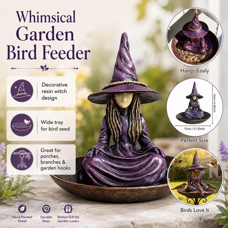 Witch Bird Feeder Resin Hanging Garden Decor, Cottagecore Fairy Garden Sculpture, Whimsical Outdoor Bird Feeder Ornament, Patio Decor image 6